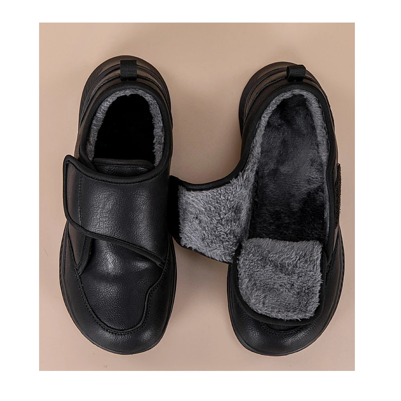 Winter Fur-lined Wide Toe Leather Sneakers Adjustable Open Orthopedic Diabetic Shoes for Men Women Swollen Fat Foot Pain Relief