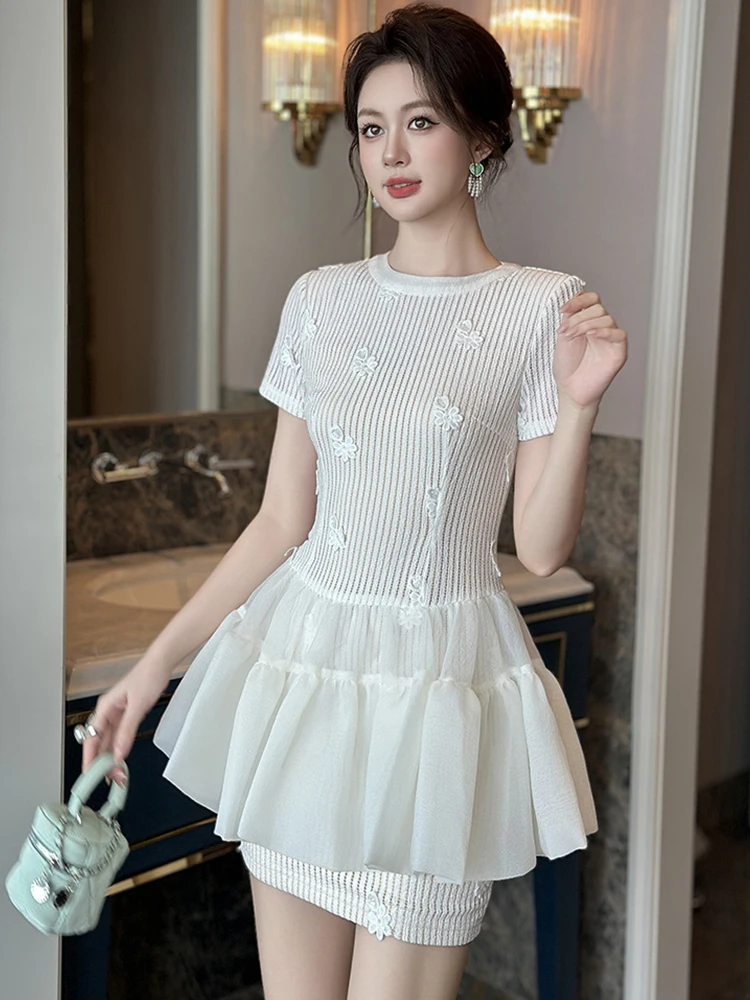 Women Clothes Sweet Solid Floral O-Neck Ruffles Skinny Mini Short Dress Lady Fashion Party Prom Birthday Vestidos Casual Summer