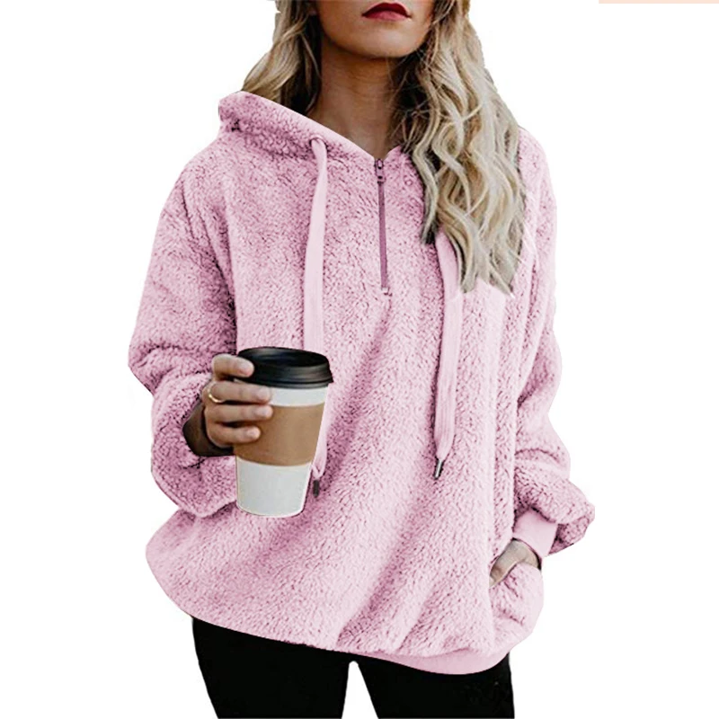 2024 Autumn and Winter New Women's Street Style Long-sleeved Zipper Hooded Solid Color Women's Sweater Sweater Thick Warm Jacket