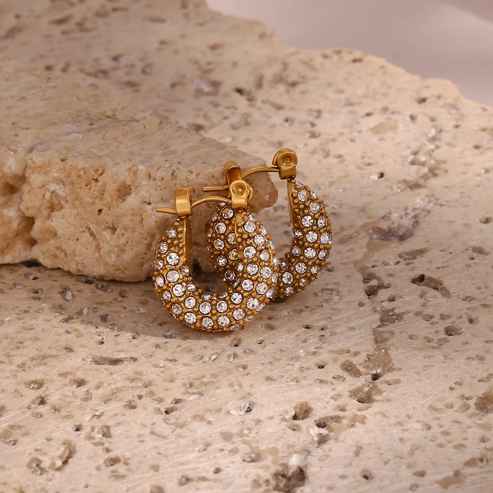 Full Crystal15mm 23mm Hoop Earrings For Girl Clear White Green Zircon Stone Stainless Steel Base Gold Plated Statement Earrings
