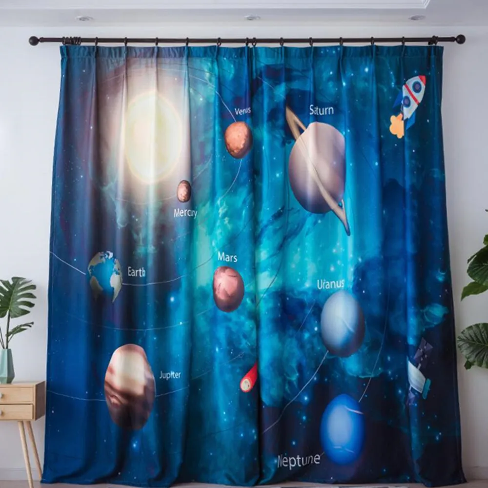 3D Planet Star Blackout Curtains For Kids Room Printed Curtains For Boys Bedroom Baby Room Window Drapes Blue Sheer Voile