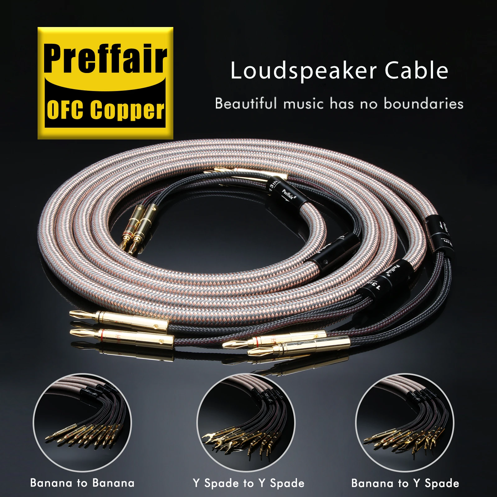 Preffair 1Pair OFC Copper Hi-End speaker cable Audio loudspeaker Cable with Gold plated banana/Y Spades plug Speaker Wire
