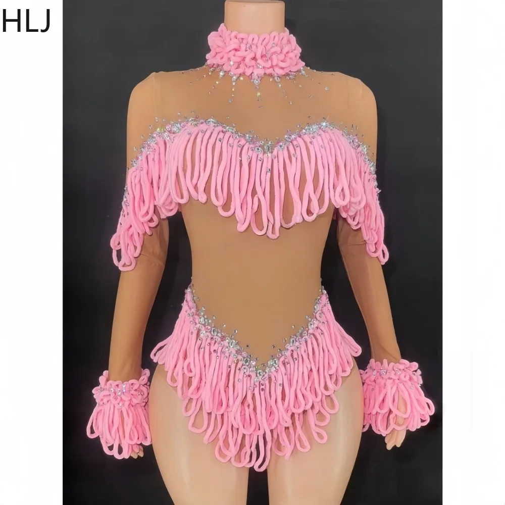 

HLJ Sexy Mesh Rhinestone Patchwork Bodycon Rompers Women Solid Color Long Sleeves Tassel Jumpsuits Female Streetwear Overalls