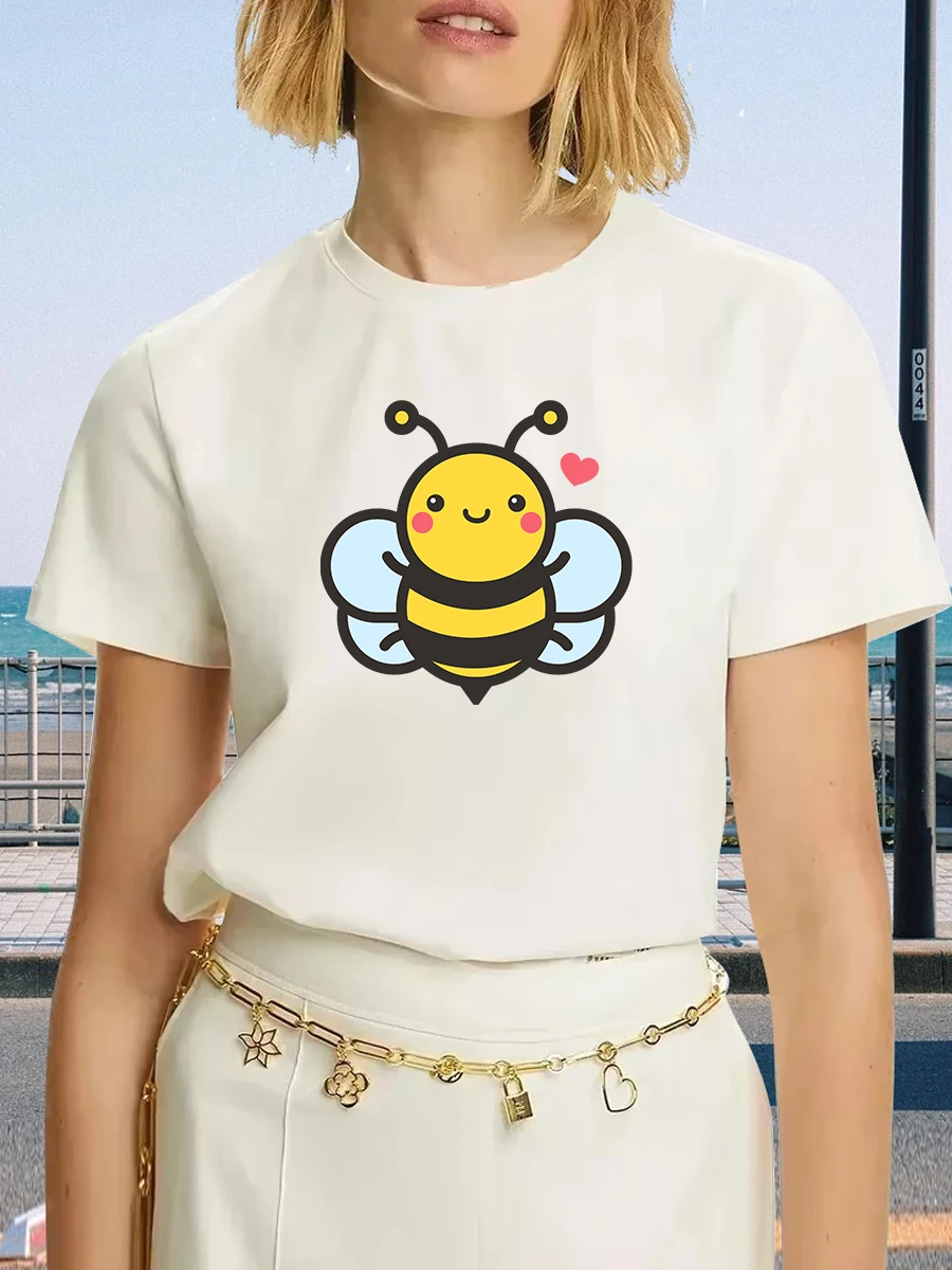 T-shirt casual da donna a maniche corte T-shirt girocollo traspirante con stampa floreale e ape simpatico cartone animato per la primavera/estate