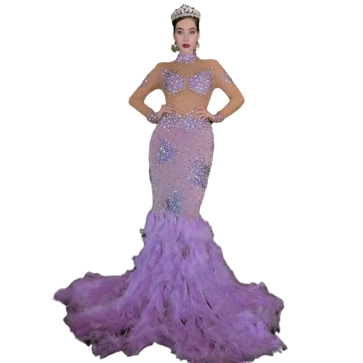 

Diamond Purple Feather Dress Trailing Dress Stage Performance Costume Women Vestidos De Fiesta Brillo Vestidos De Fiesta De Lujo