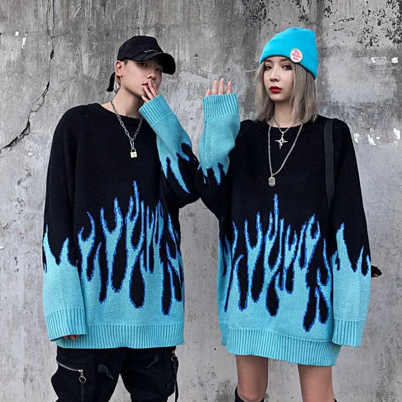 Warm Knitted Couple Sweater Japanese Loose Hip Hop High Street Round Neck Pullover Long Sleeve Sweater for Men and Women