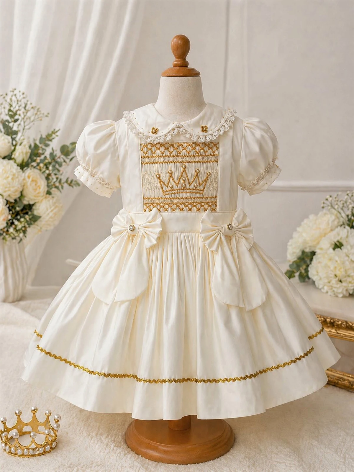 Summer Girl Handmade Crown Embroidered Pearl Bow Beige Smoked Dress For Casual Party Birthday Wedding Photography