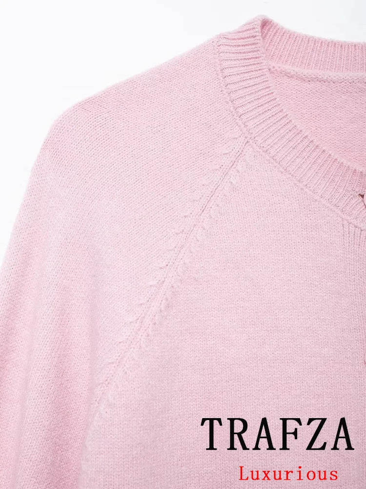 TRAFZA Vintage Casual Chic sweter damski jednolity, dekolt w kształcie litery \