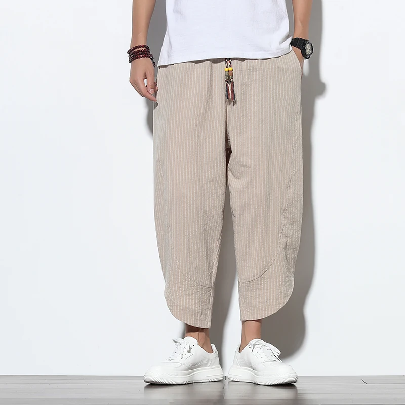 2024 Summer Casual Men\'s Pants Harajuku Striped Baggy Pants Cotton Linen Wide Leg Harem Trousers For Men