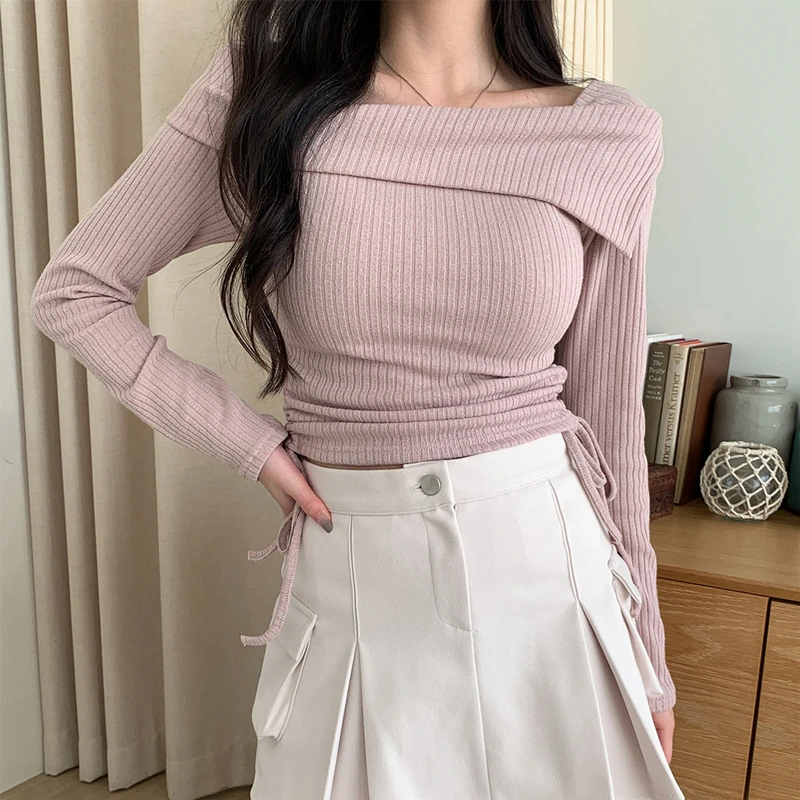Frauen Neue Feste Sexy Schlank Off Schulter Pullover Slash Neck Langarm Stricken Pullover Büro Mode Neue Ziehen Falten Crop Tops