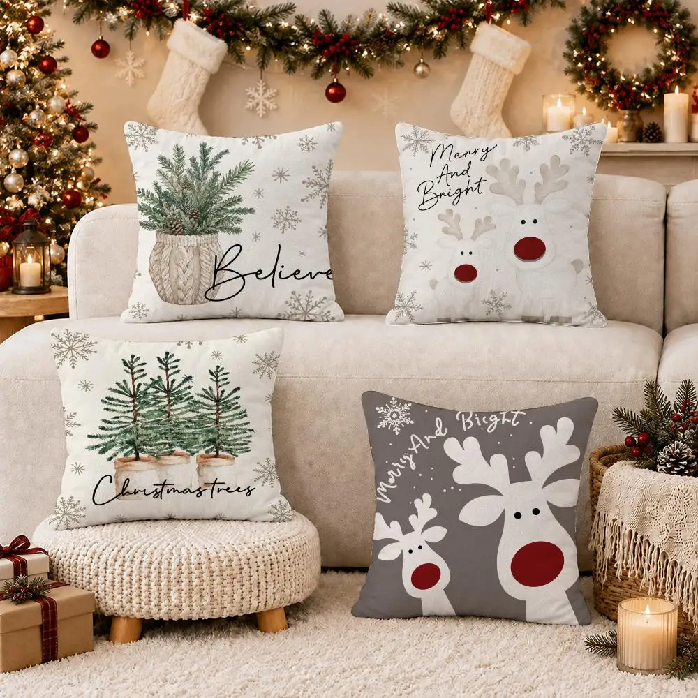 Christmas Trees and Reindeer Cushion Cover Soft Short Plush Double-Sided Printing Sofa Home Decor Festival Pillow Case Gifts