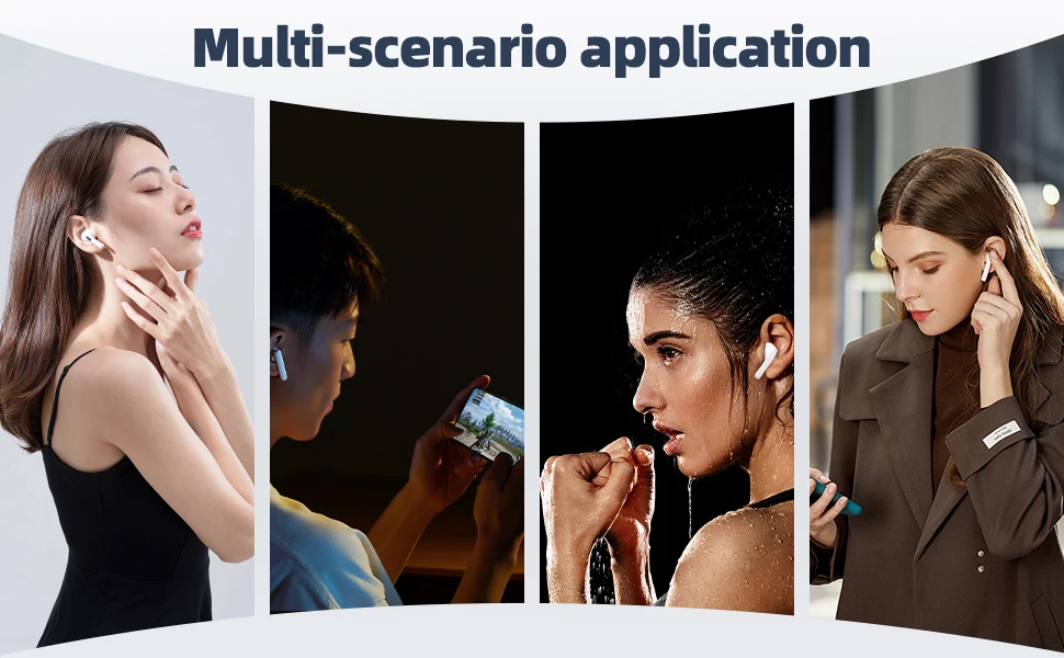 Text reads 'Multi-scenario application'. Collage of people engaged in various activities while wearing headphones or earbuds.
