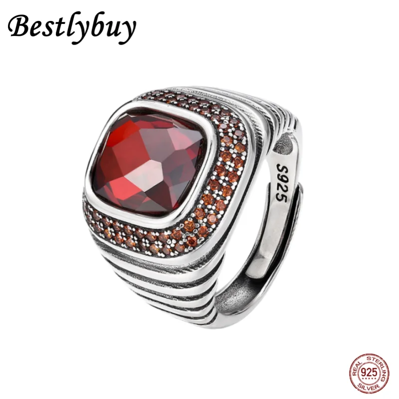 925 Sterling Silver Set With Red Zircon Ring Men's Retro Thai Silver Domineering Personalized Accessory