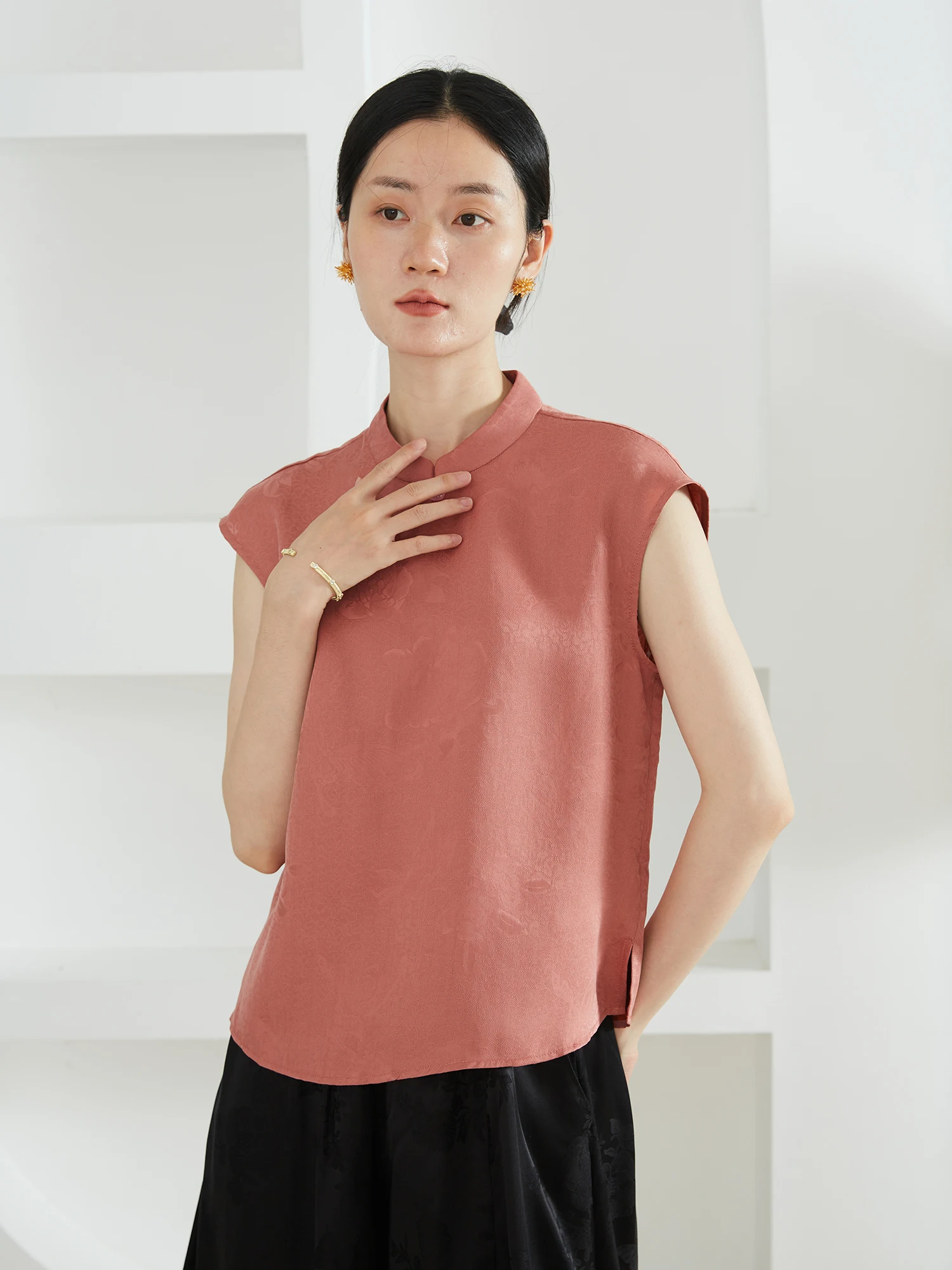 

Silk Stand Collar ort Sve T-irt Floral Pattern Silk Twist Roast Summer Chinese Sle Women's Faion Top