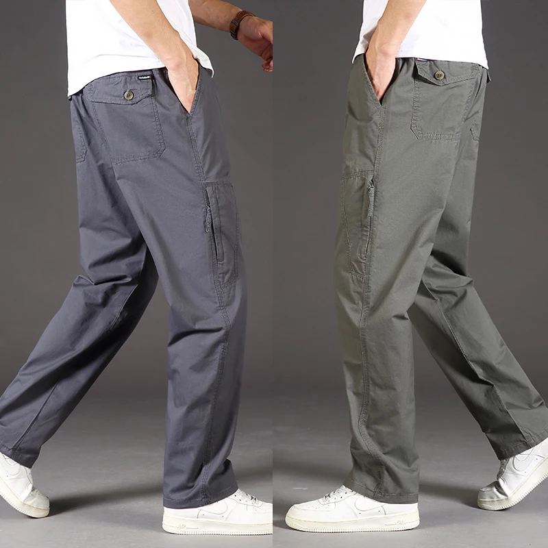

Mens Casual Cargo Pants Cotton Straight Pants Man Loose Fit Trousers Stretchable Waist Khaki Black Army Green Long Pants
