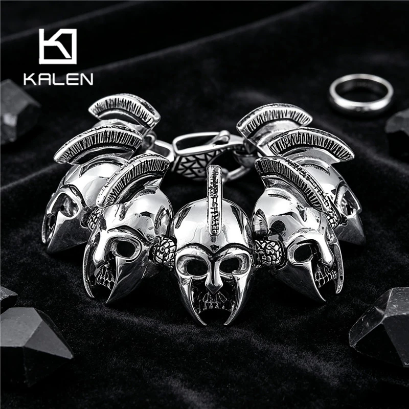Kalen Vintage Spartan Skull Helmet Bracelet for Men Gothic Stainless Steel Warrior Link Accessory Punk Biker Party Jewelry Gift