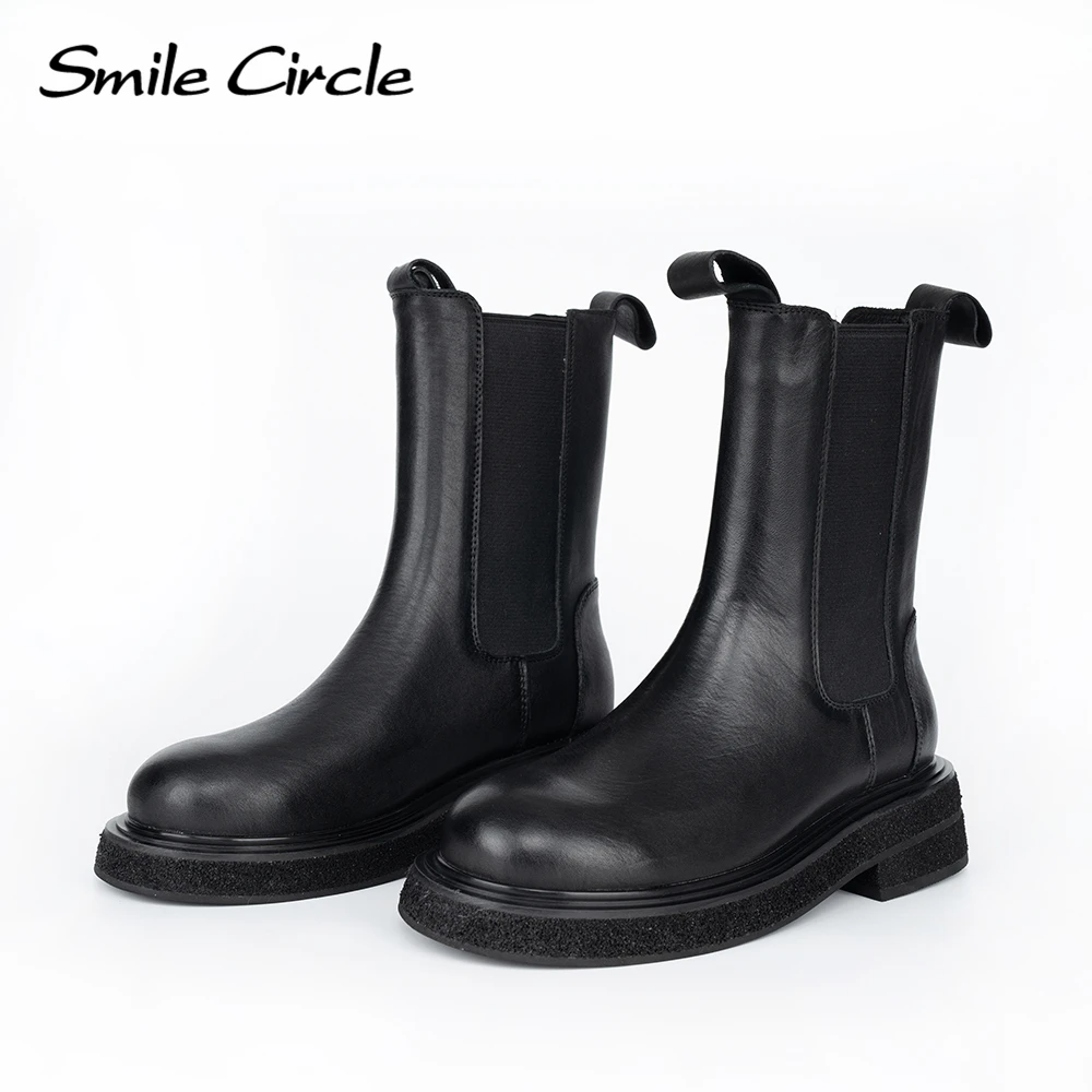 

Smile Circle Chelsea Boots Women Genuine Leather Slip-on Mid-calf Boots Lady Suede Leather Booties