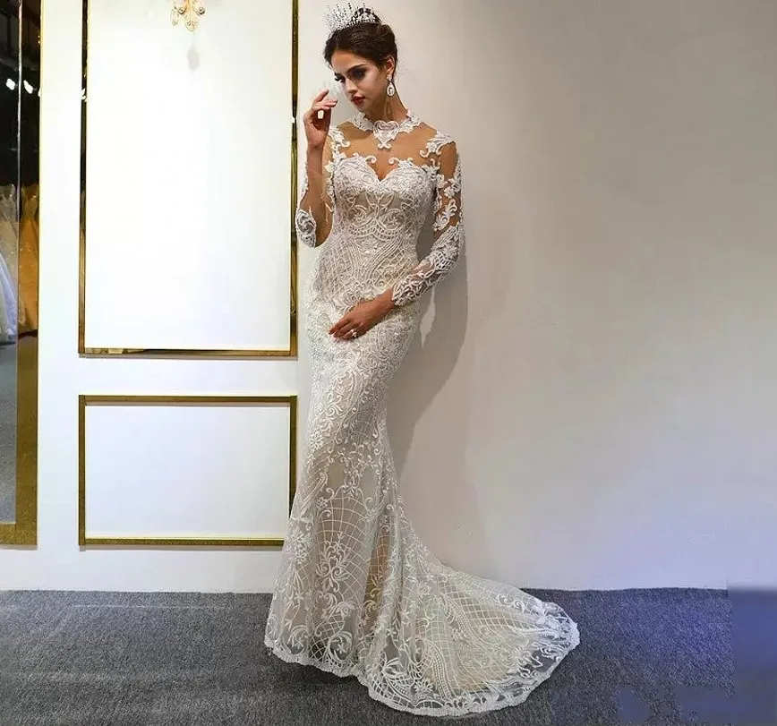 2025 Luxury Long Sleeves Mermaid Wedding Dress With Detachable Train High Neck Lace Muslim Bridal Gowns Vestidos De Noiva