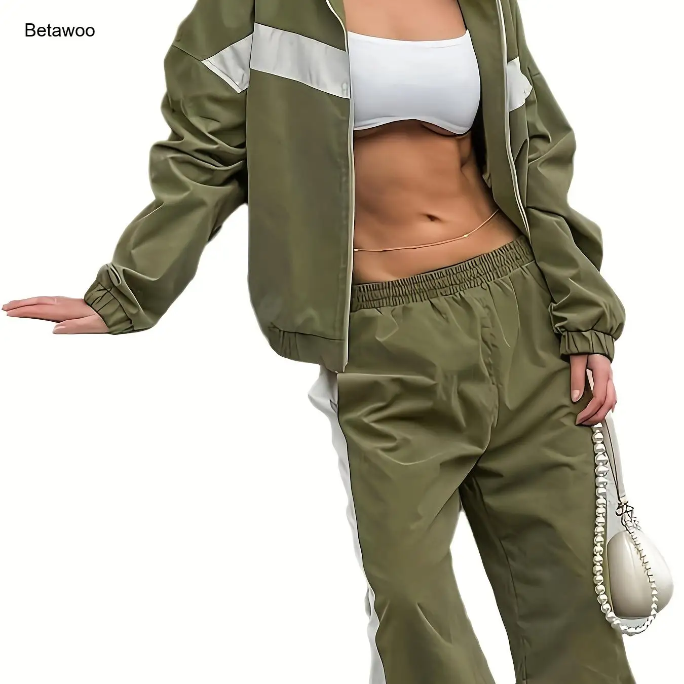 Retro Color Block Tracksuit for Women - 2 Piece Green Oversized Zip Jacket   Elastic Waist Pants, Streetwear Casual Set