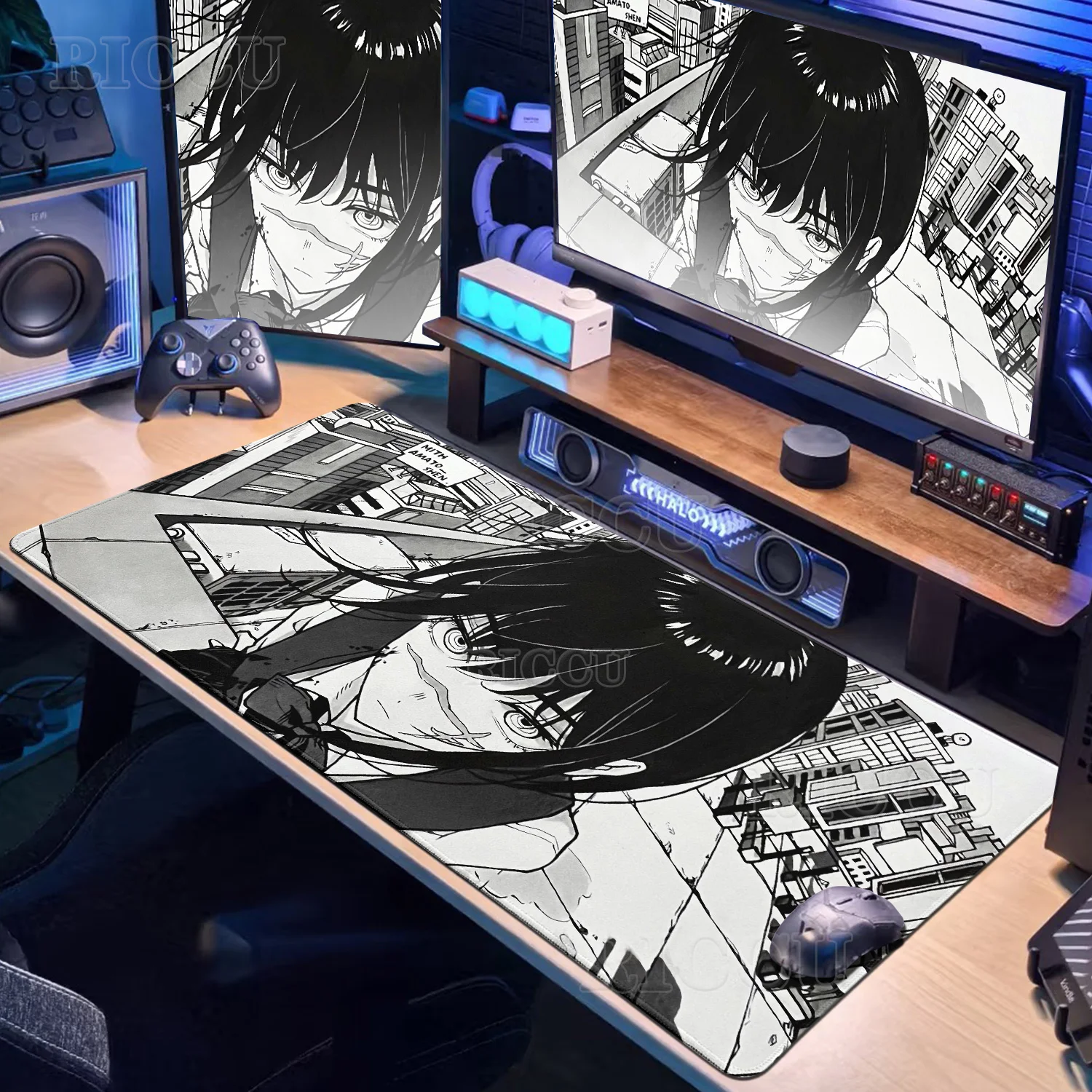 Anime Chainsaw Man Mauspad Tastatur Kawaii Schwarz & Weiß Schreibtischunterlage XXL PC Gaming Zubehör Comic Laptop Setup Gamer Dekoration