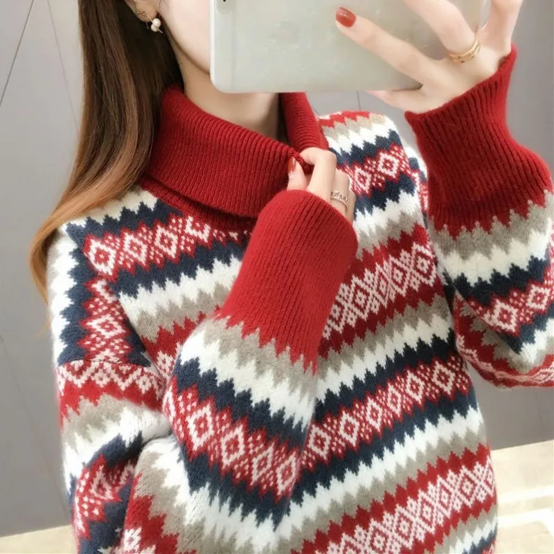 Vintage Turtleneck Warm Sweater Women Autumn Winter Fashion Striped Long Sleeve Knitwear Office Lady All-match Knitting Tops