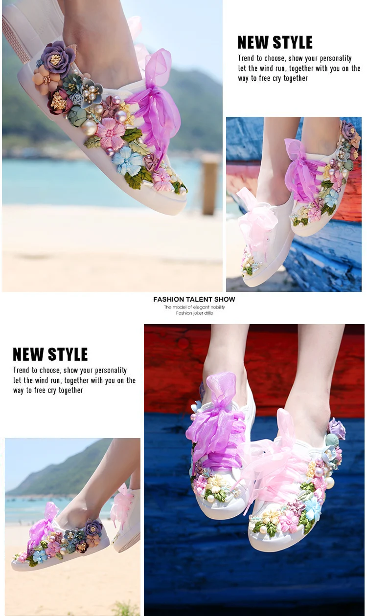 Women's Vulcanized Shoes Hand-Made Creative Sneakers Women Fashion Flowers Canvas Shoes Casual Flat Shoes Loafers Size 35-44