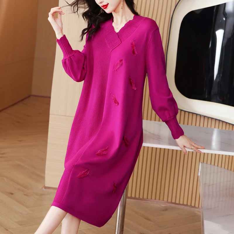 

2023 New Fashion Knitted Dress Women's Autumn/Winter Vintage V-Neck Long Sleeve Loose Fit Casual Holiday Dress Vestidos