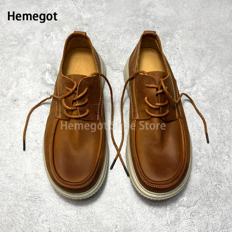 Breathable Cowhide Casual Shoes Men\'s Lace-Up Thick Soled Soft Leather Casual Leather Shoes British Style Handmade Retro Shoes