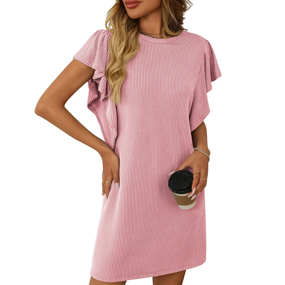 Lace Round Neck Summer New Contrast Color Lotus Leaf Sleeve Mid-length Dress Women New Office Commuting Beach Resort Style Skirt