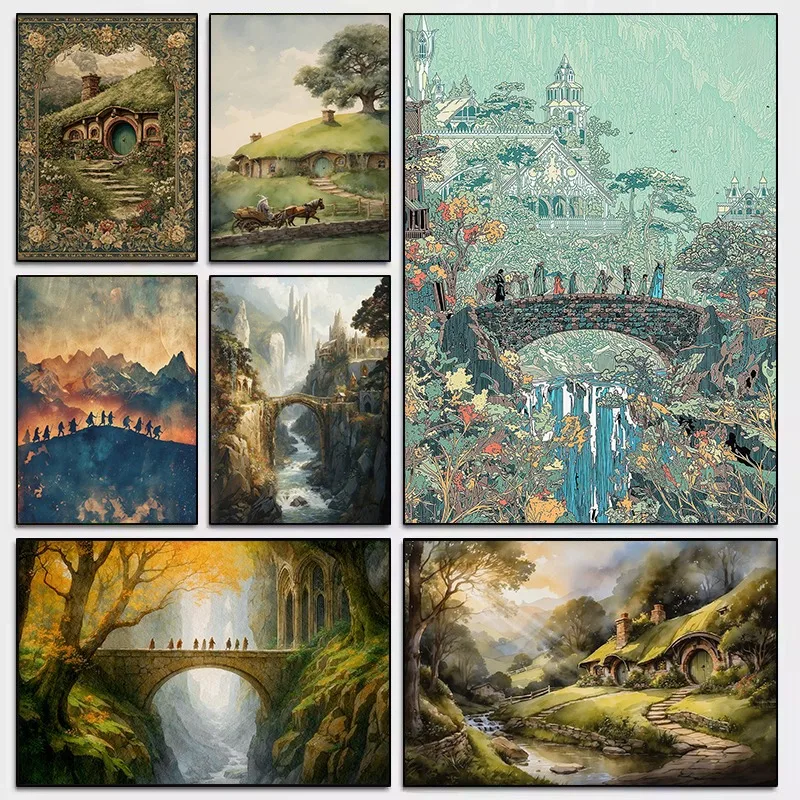Watercolor Classic Middle Earth Wizard in Fantasy Landscape The S-Shire Canvas Poster Wall Art Pictures Home Bedroom Decor