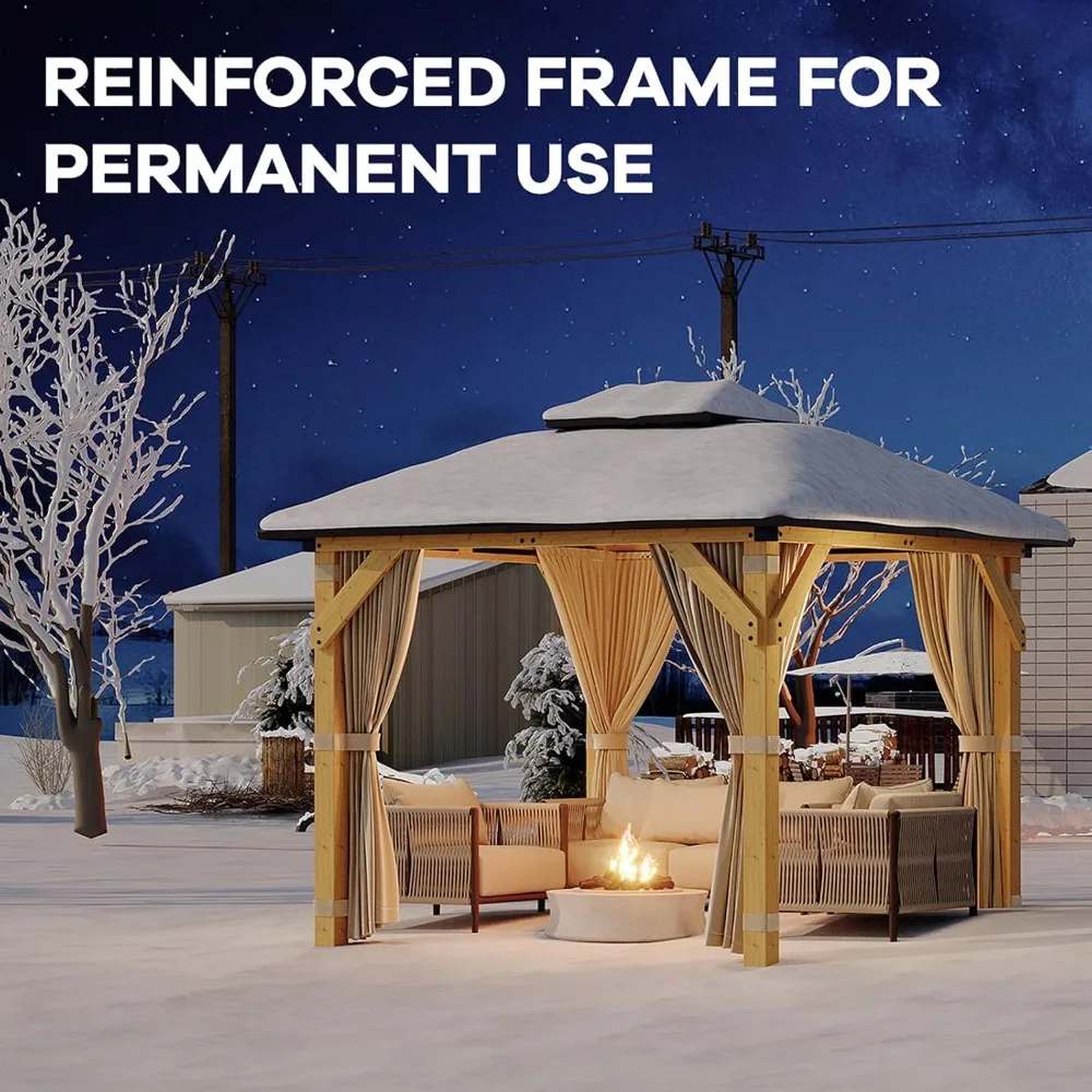 10x10 FT Wood Gazebo, Upgrade Spruce Frame and Double Galvanized Steel Roof, Hardtop Gazebo with Nettings and Curtains, Custom