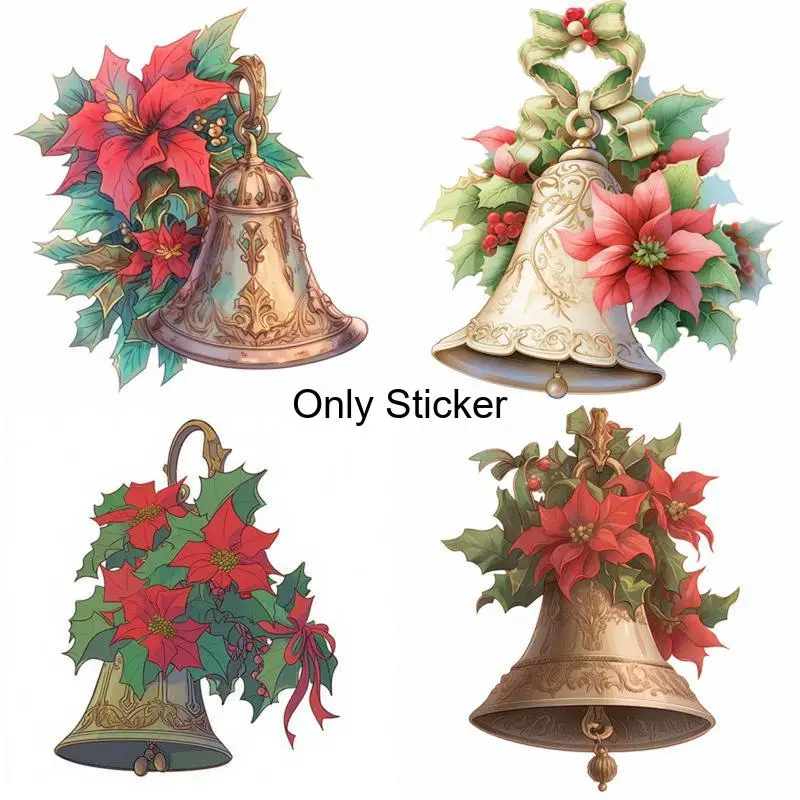 2D Flat 4 in 1 Christmas Bell Poinsettia Vinyl Stickers, Waterproof UV Resistant, for Car Laptop Wall Decor, Holiday Gift