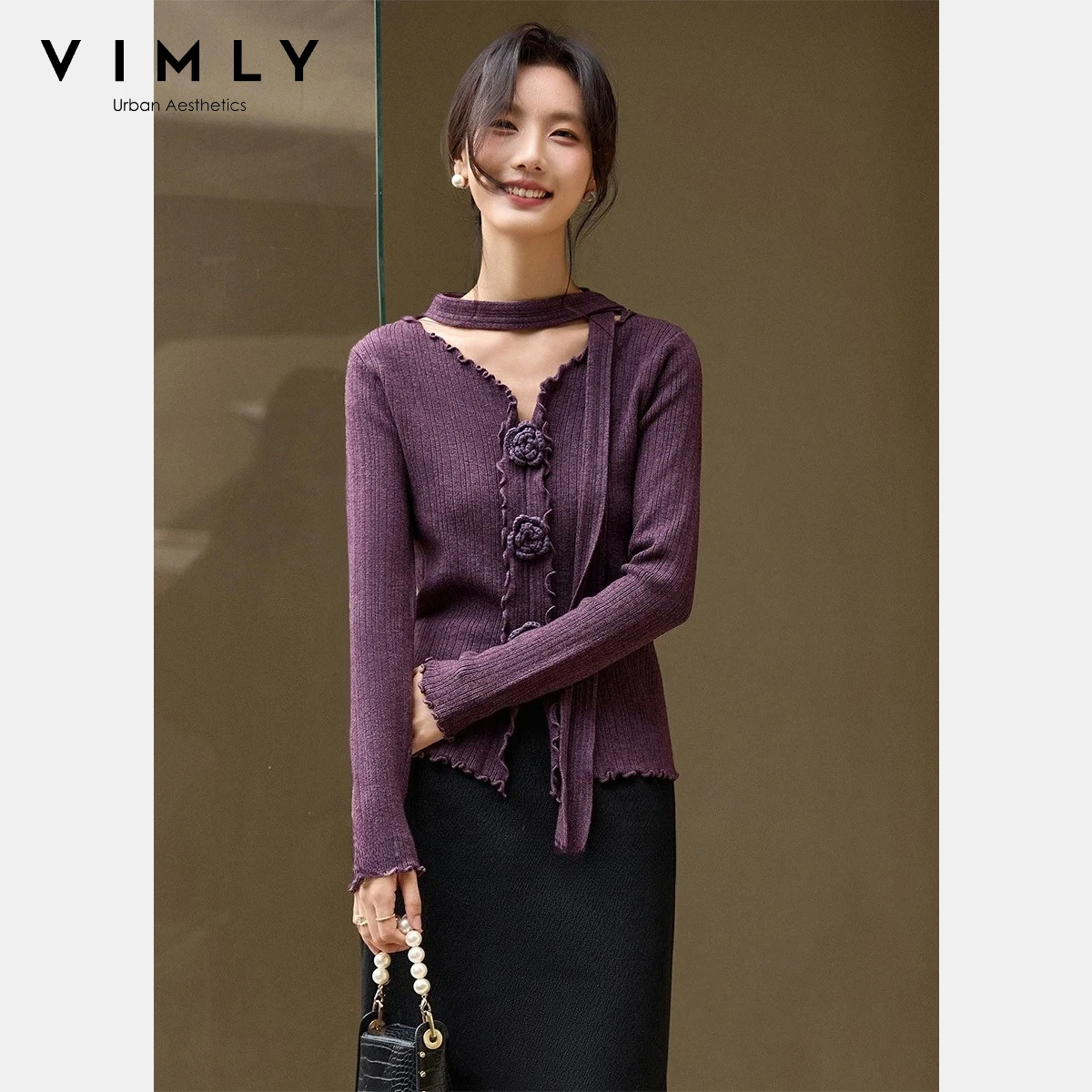 

VIMLY Elegant Women's Sweater for Women 2025 Fashion 3D Flower V Neck Slim Knitwear Soft Long Sleeve Winter Clothes Woman 30508
