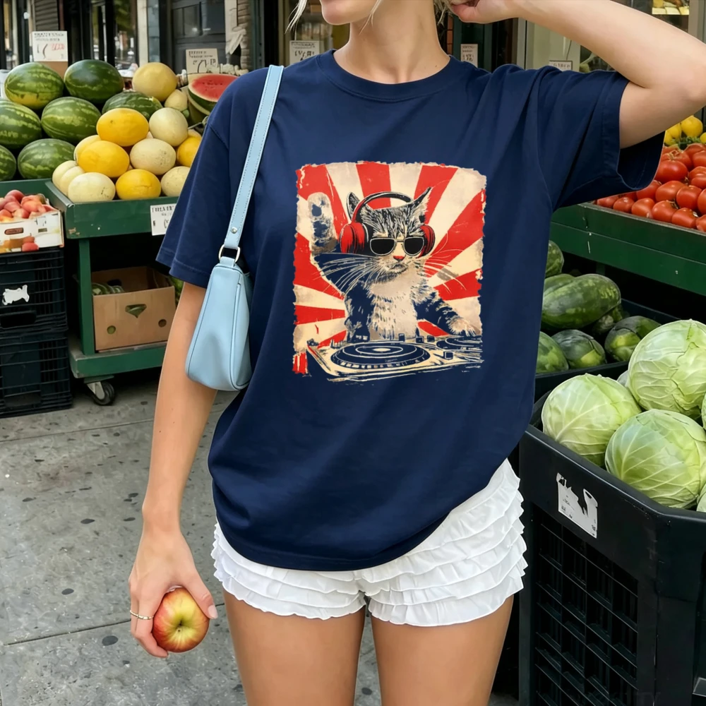 Vintage DJ Cat Wearing Headphones Sunglasses Tshirt Women Retro Sunset Disc Jockey Kitten Print Casual Cotton Music Lover Blouse