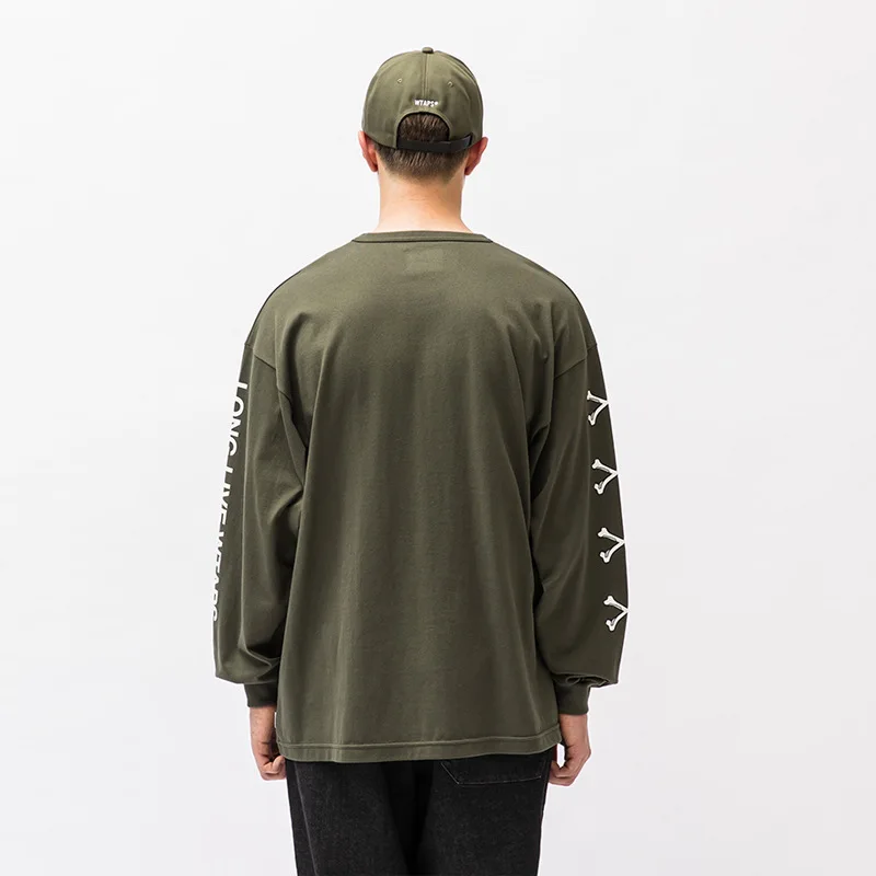 WTAPS 22AW Round Neck Long Sleeve T-shirt Cross Bone Stick Letter Print Pullover Base T-shirt Top