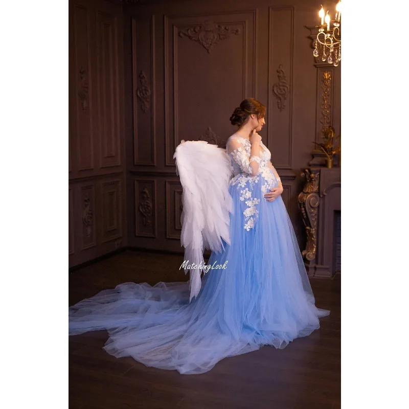 Custom Light Blue Tulle Maternity Gown – Elegant Photoshoot & Baby Shower Dress with Flowy A-Line Skirt
