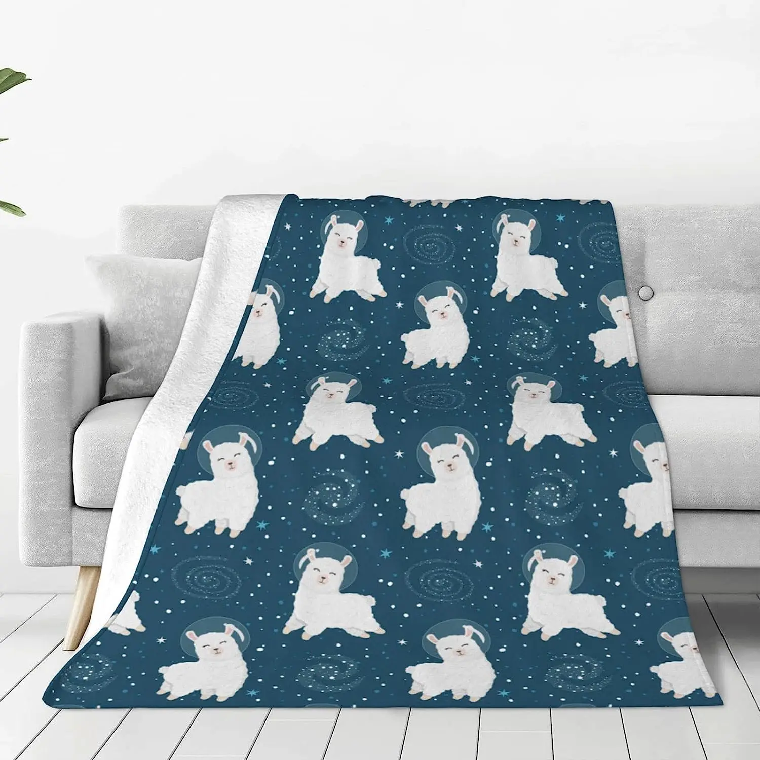 Cute Alpaca Astronauts Throw Blanket for Bed Sofa Couch Starry Space Fleece Blankets Lightweight Soft Cozy 60