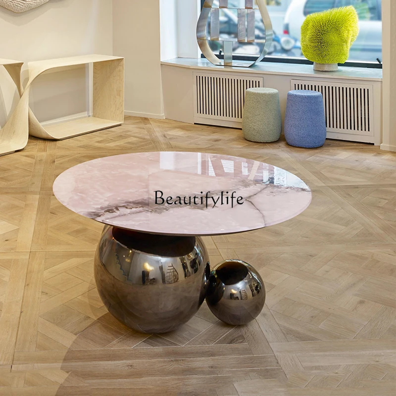 

Italian light luxury round ball foot coffee table living room marble titanium black round stainless steel tea table