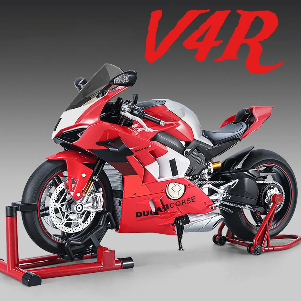 Modellino di Moto in Scala 1:7 V4 V4R V4S, Giocattolo in Metallo Pressofuso con Ammortizzatori, Treppiede Retrattile, Modelli di Biciclette a Motore, Ornamento da Scrivania