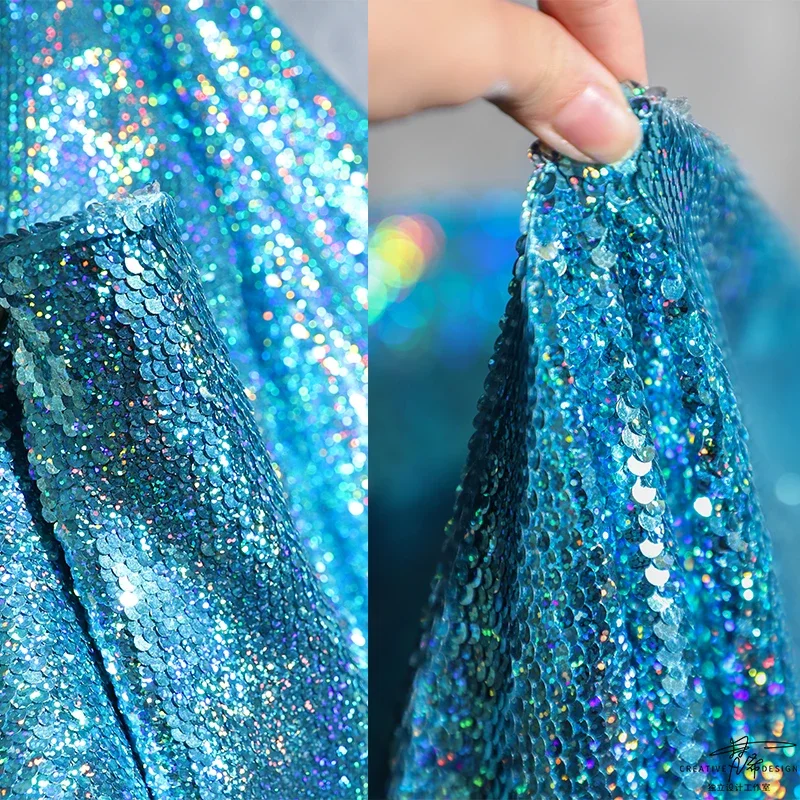 Sequin Mesh Fabric Crystal Blue Double-sided Two-color Metallic Texture Small Fish Scales Clothing Designer Diy Sewing By Meters