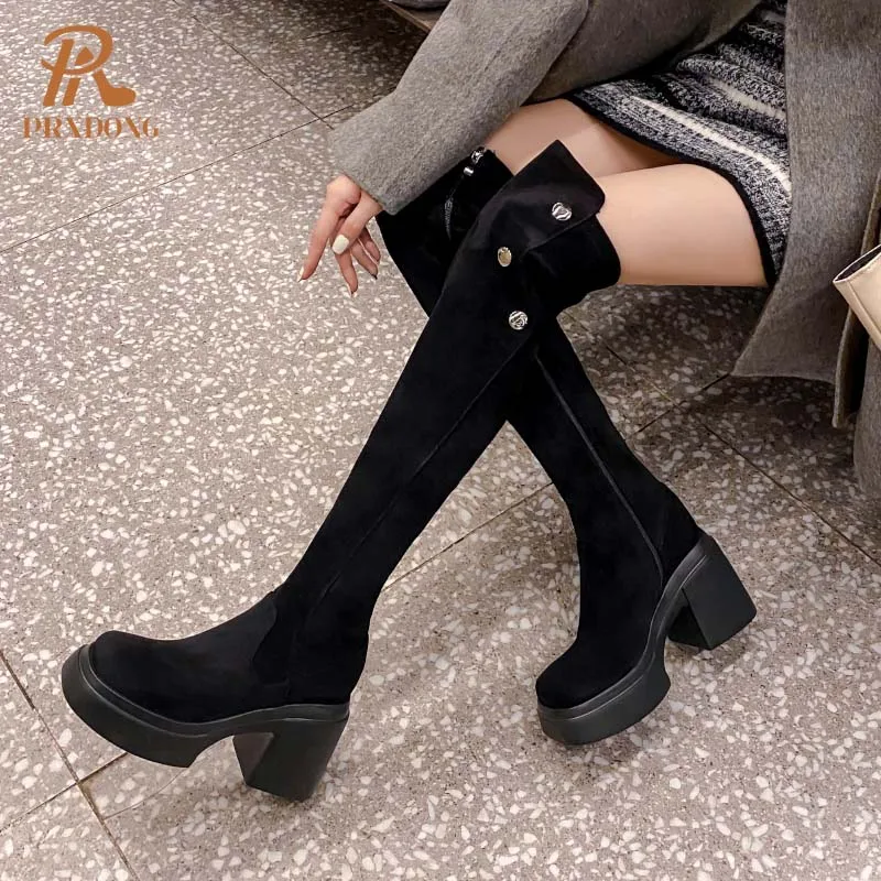 PRXDONG Damskie buty jesienno-zimowe 2024 Nowa moda Wysokie obcasy Gruba platforma Czarna sukienka Party Casual Over The Knee High Boots