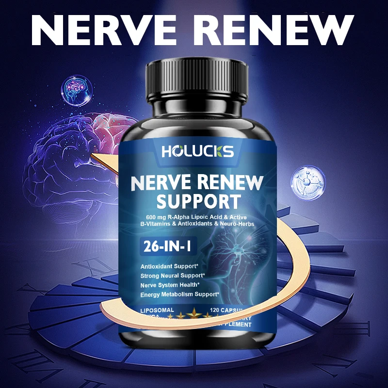 

Капсулы Nerve Renew Support, натуральная смесь 26 компонентов с ALA и витаминами группы B, для поддержки нервной системы, работы мозга и жизненной силы
