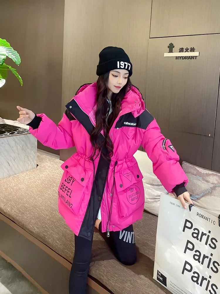 

2023 Winter Loose Big Pocket Drawstring Waist Women Down Cotton-padded Jacket Casual Korean Long Sleeve Warm Cotton Parkas Coat