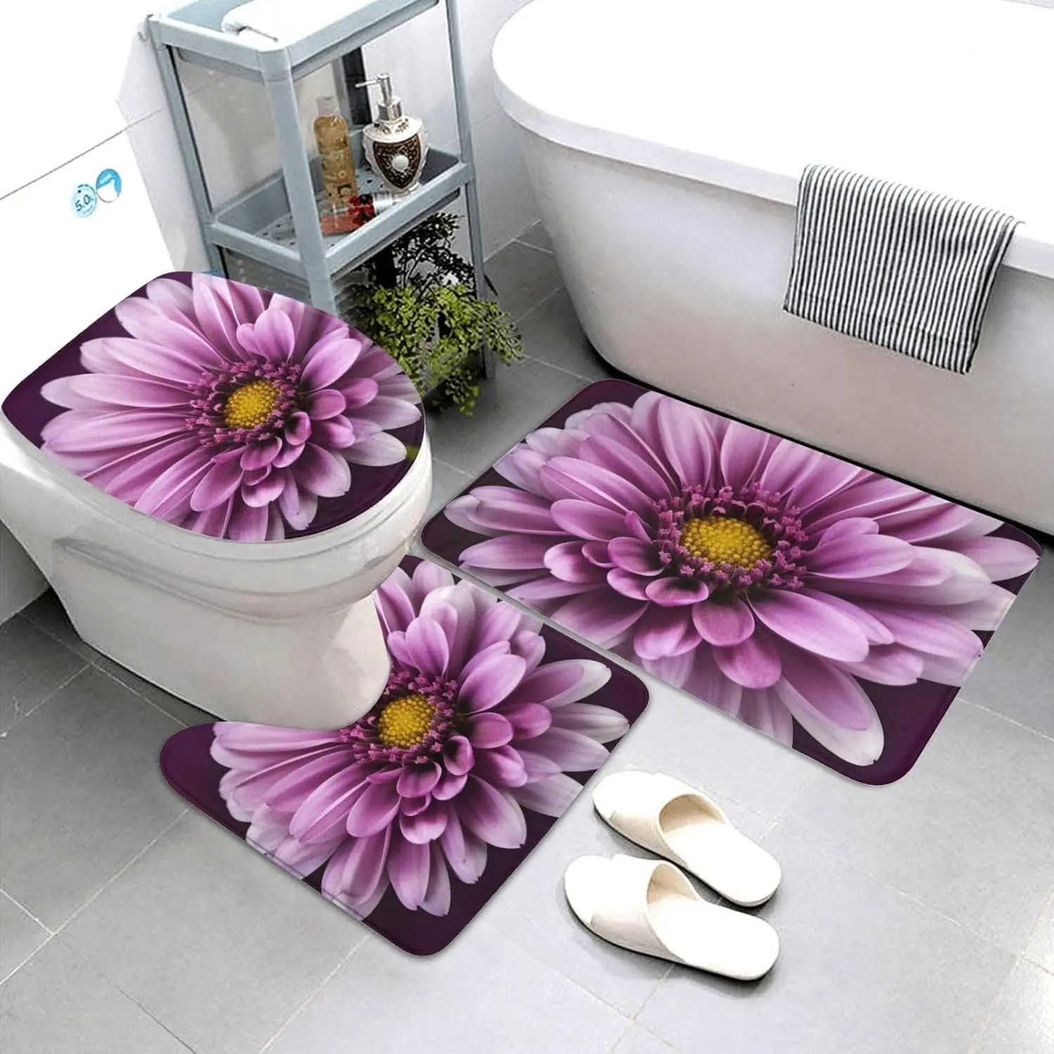 Purple Chrysanthemum Bathroom Rugs Sets 3 Piece, Non Slip Absorbent Bath Rug U-Shaped Contour Toilet Rug with Toilet Cover