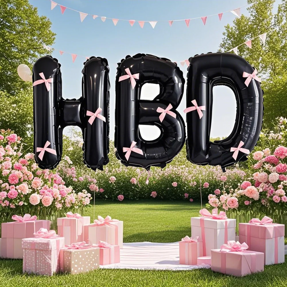 1 Set schwarze 'HBD'-Buchstaben-Folienballons mit rosa Schleife für Geburtstagsfeiern, Partydekoration und Foto-Requisiten – Detail 5