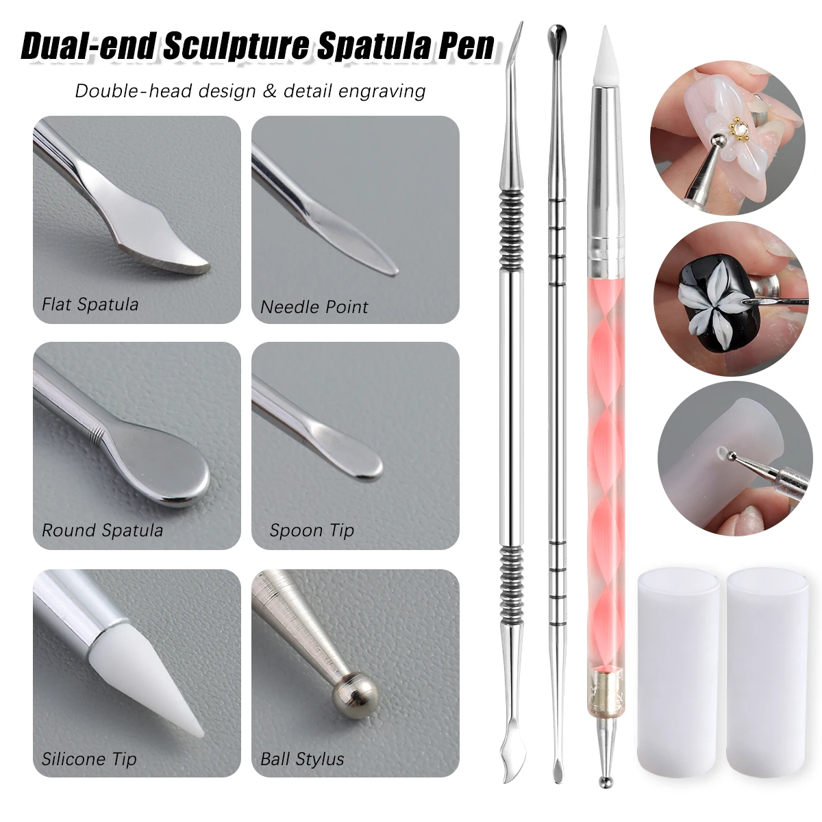 3D-Nagel-Skulptur-Stift-Set, multifunktionales Nagelschnitzwerkzeug, Nagelspatel, Silikon-Punktierstift für Acryl-Gel Blumen Nageldesign