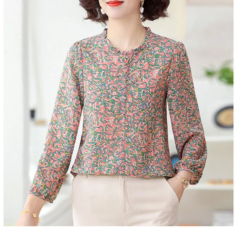 Spring and Summer Women's Pullover Round Neck Geometric Print Tie Flowers Lantern Long Sleeve Chiffon Shirt T-shirt Casual Tops