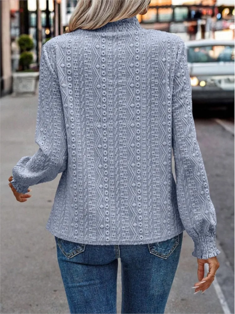 Fashion Hollow Casual Blouses Solid O-neck Long Sleeve Emperament Elegant Women T-shirt Women Patchwork T-Shirts Pullover Tops