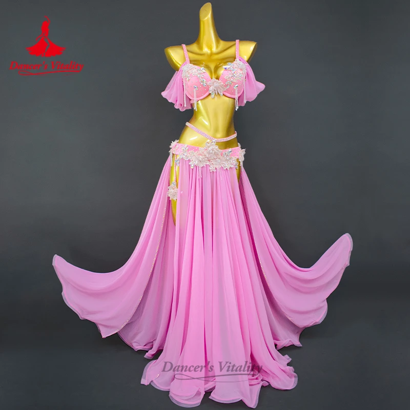 مجموعة أزياء الرقص الشرقي للنساء حمالة صدر فاخرة مرصعة بأحجار الراين + تنورة طويلة مثيرة مكونة من قطعتين ملابس أداء الرقص الشرقي الشرقي