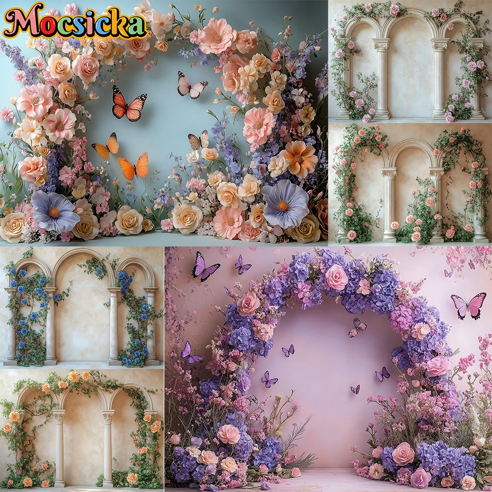 Mocsicka Fotografie Hintergrund Schmetterling Bunte Blumen Bogen Dekoration Hintergrund Schwangere Frau Neugeborenen Porträt Studio Requisiten